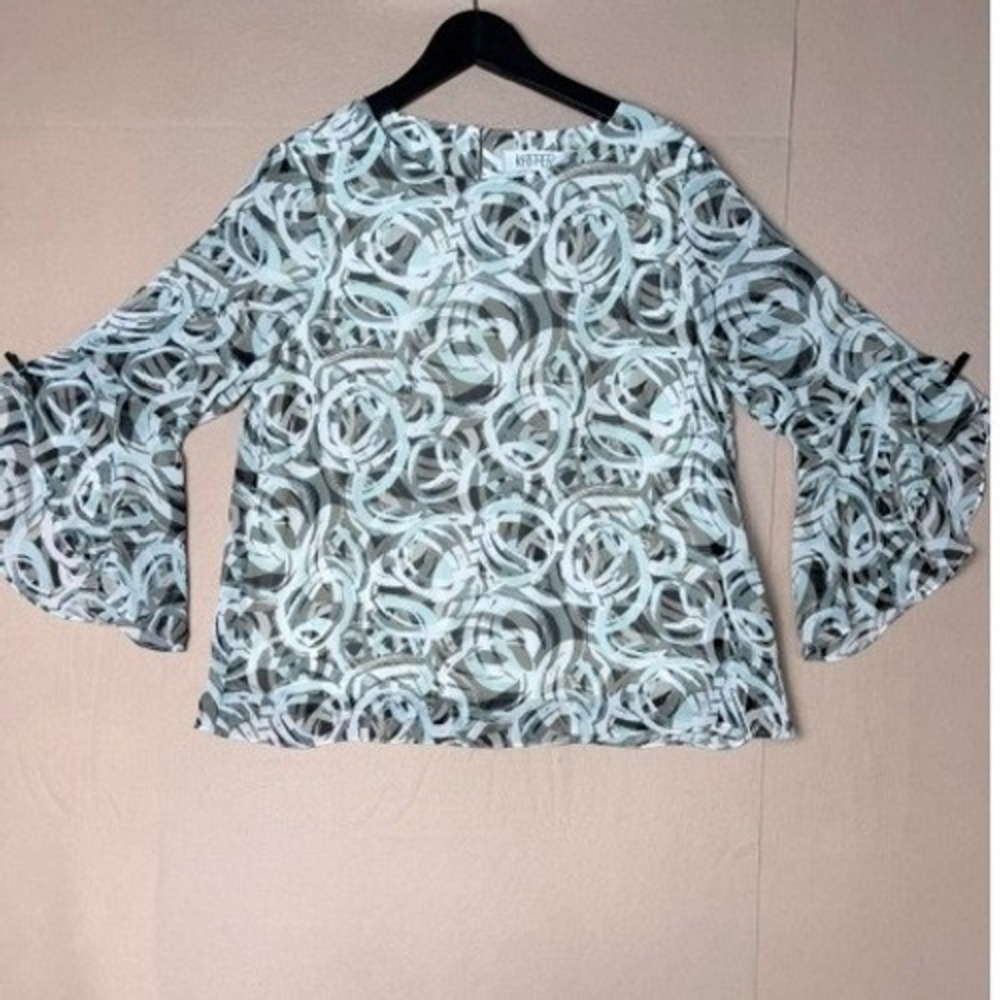 Kasper Womens L Abstract Print Bell Sleeve Blouse Blue Gray White Lined